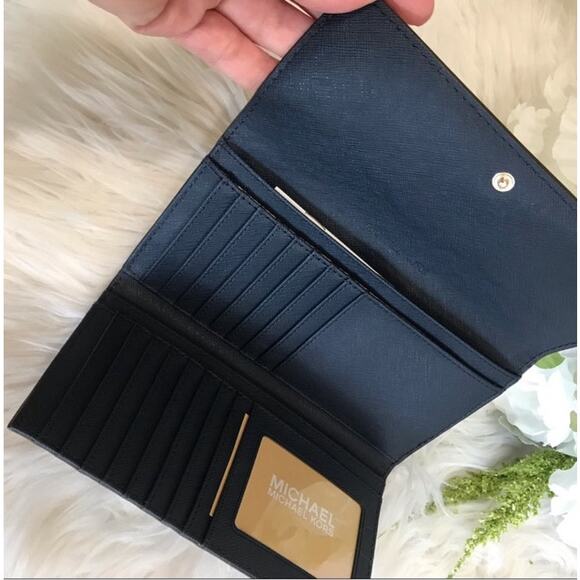 Michael Kors Jet Set Travel Large Leather Trifold Navy Blue Wallet - Picture 7 of 7